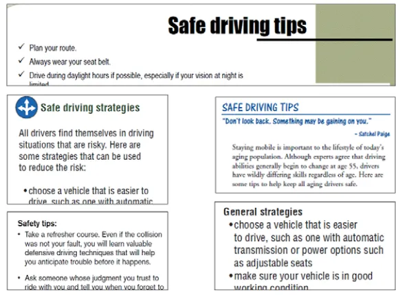 Figure 13: Action knowledge assemblage, example use of tips and strategies (snapshots of five different texts; text at the top A, p