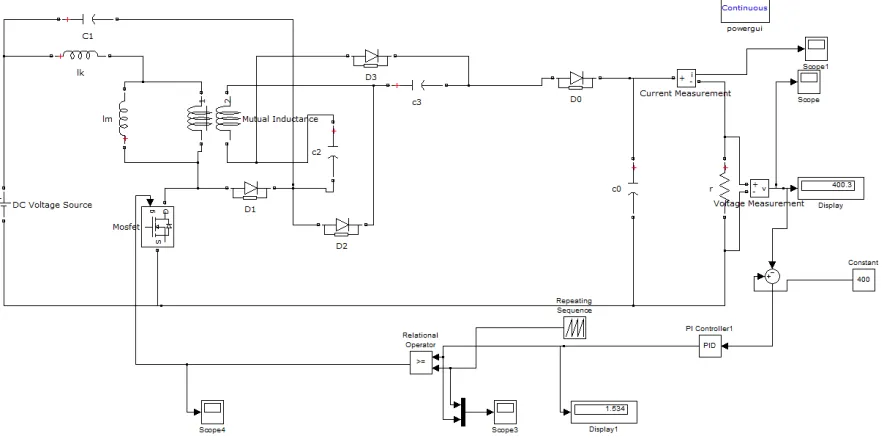 Figure 3 shows the MATLAB Simulation diagram of  a high step-up boost converter using coupled inductor with PI control