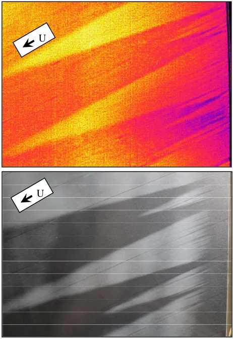 Figure 9. SWIFTER transition fronts in the wind tunnel at a repeated condition using IR thermography (top), and naphthalene flow visualization (bottom)