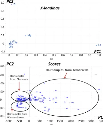 Figure 1. (a) X-loadings of the plot of PC2 versus PC1; (b) Scores plot the second principal component (PC2) versus the first principal component (PC1)