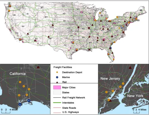 Figure 3. Intermodal freight network modeled. 