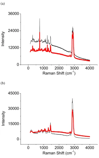 Figure 4.2   Raman spectra of the IL samples in contact with Ar before (thinner lines) and after 8 h irradiation (thicker lines): (a) amide-IL and (b) bromide-IL
