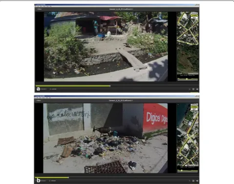 Figure 1 Examples from the spatial video “Storyteller” software showing two of the health risks analyzed in this paper; standing water(a) and trash (b).