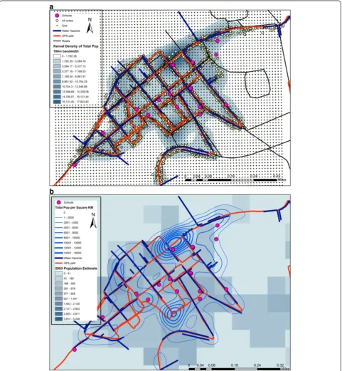 Figure 2 Spatial patterns of coded variables from the video. Kernel density of population, water risks, and school locations (a) and acomparison of spatial video population with alternative pre-earthquake census estimates (b).