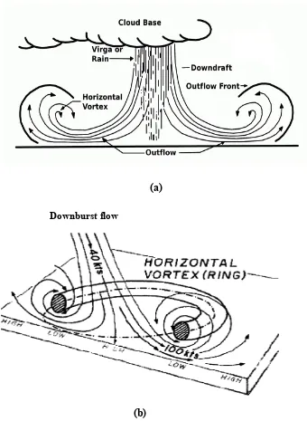 Figure 2: (a) Typical downburst (b) cross section diagram of Fujita’s hypothesized 