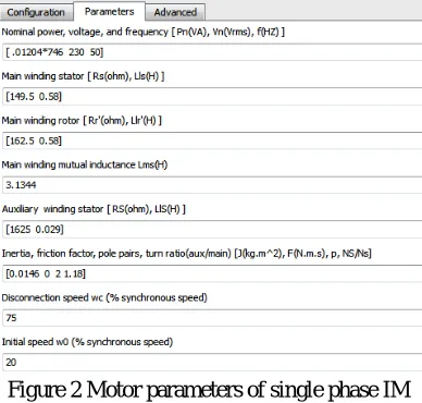 Figure 2 Motor parameters of single phase IM  