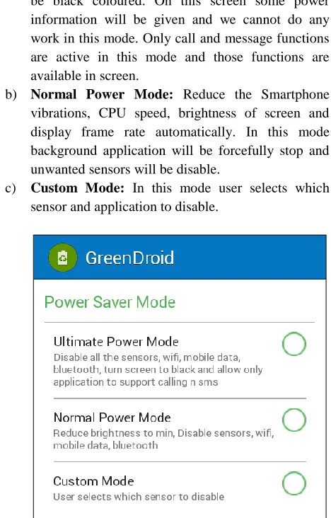 Fig. 3: Power Saver Mode in GreenDroid Application 