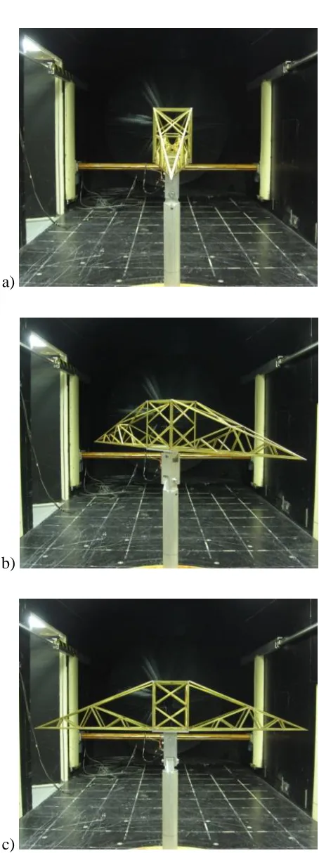Figure 2.3. Cross-arm model shown in wind tunnel at a) 0° (transverse), b) 45°, and c) 