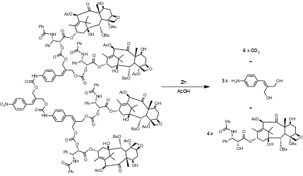 Figure 1.20: 2nd generation polycarbamate dendrimer derived from branched 2-(4-aminobenzylidene)propane-1,3-diol spacers and designed to degrade through a cascade of 1,8-elimination reactions 