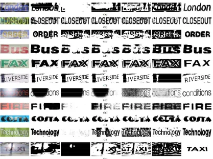 Figure 5. Comparison of Binarization algorithms and the proposed method (From left to right Original, MRF, Kittler, Otsu, Niblack, Sauvola, Proposed); (a)-(d) Text containing reflective background; (e)-(f) Text containing shadowed background; (g)-(j) Text 
