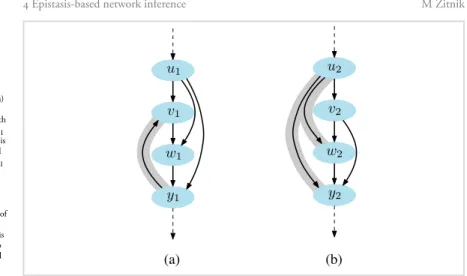 Illustration of violating (a) and redundant (b) edges (in grey) in a pathway with four genes