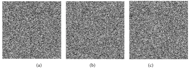 Figure 6. Key sensitivity in the first case: (a) Cipher image with Cipher image with p =6, q =4, n =7; (b) p =5, q =3, n =7; (c) Cipher image with p =5, q =4, n =6
