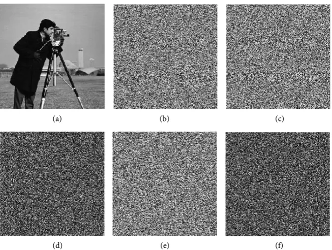 Figure 4. Key sensitivity in the first case: (a) Plain image; (b) Cipher image with (d) Differential image between (b) and (c); (e) Cipher image with s =98.765432, x0 =0.123456; (c) Cipher image with s =98.765431, x0 =0.123456; s =98.765432, x0 =0.123457; 
