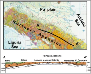 Figure 8. Seismo-geological cross section through the Romagna Apennines, evidencing the upward flexure of the layers and the lack of the top Ligurian units (L, green) in the central sector, which have presumably been eroded (After [34])
