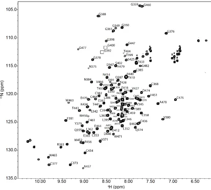 Figure  3.6:IBR-RING2.  Two-dimensional 1H-15N HSQC spectrum of 15N-isotopically labeled  This data was collected at 25°C at 600 MHz
