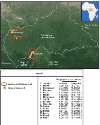 Figure 1. Map of the part of the country where survey was done. Sites prospected are numbered from 1to 15 with corresponding geographic coordinates