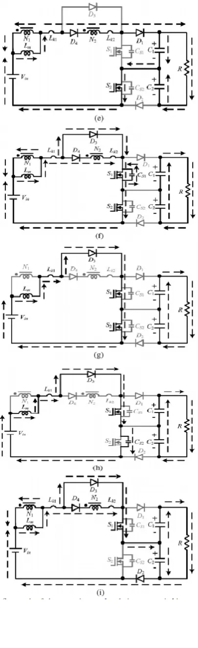 Fig. 5(j). The dc source, Lm, Lk1, and Lk2 are series connected to transfer their energies to C2 and the load