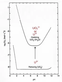 Figure 1.2 Solubility of uranium dioxide (UO2) and schoepite (UO3.2H2O) as a function 