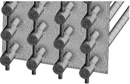 Figure 3.6 The surface mesh on the lamp support and the volume mesh at a lateral-