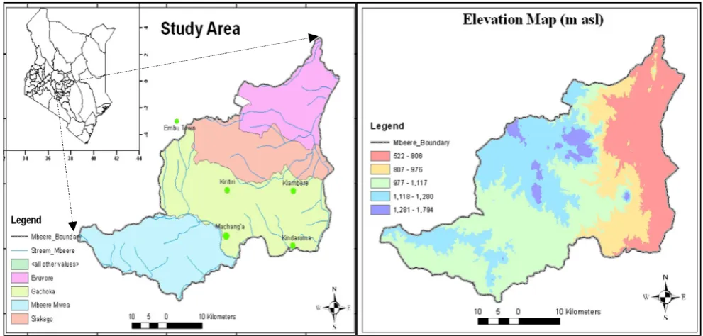Fig. 1 Map showing the study area and its elevation with studied point gauged rainfall data: Machang’a, Embu and Kiritiri