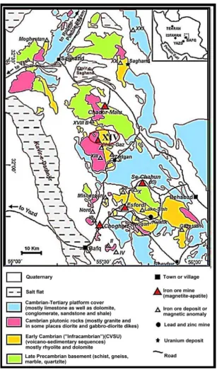 Figure 2. Simplified geological map of the Bafq mining district and location of ore deposits and igneous rocks ([6] [7] [8] [9])
