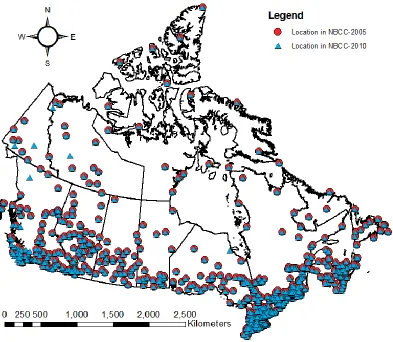 Figure 2.1 Locations tabulated in NBCC-2005 and NBCC-2010. 