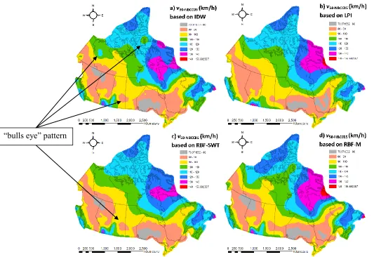 Figure 2.2 Interpolated surfaces based on v50-NBCC05 (In Figure 2.2 to Figure 2.4, v50-NBCC05 and v50-NBCC10 represent the 50 year return period value of annual maximum wind speed calculated from the tabulated wind pressure values in NBCC-2005 and NBCC-201