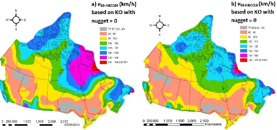 Figure 2.4 Interpolated surfaces based on v50-NBCC05 and v50-NBCC10 using the KO with nugget set equal to 0
