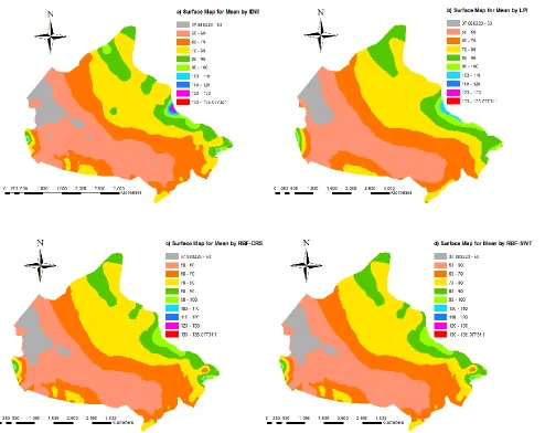 Figure 3.5 Interpolated surfaces of the mean of the annual maximum hourly-mean wind speed (km/h) using different interpolation  methods