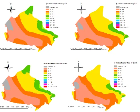 Figure 3.5 (cont.) Interpolated surfaces of the mean of the annual maximum hourly-mean wind speed (km/h) using different 