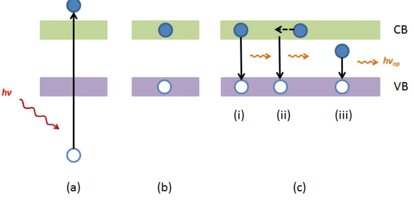 Figure 1-5 Schematic diagram of the electron-hole pair generation and recombination. (a) core electron excitation, (b) electron and hole thermalization, (c) examples of radiative recombination via (i) direct recombination, (ii) phononassisted indirect recombination, (iii) presence of traps  