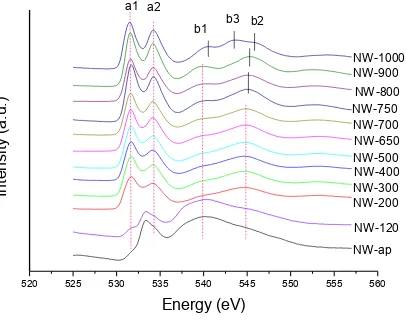 Figure 3-6 O K-edge XANES TEY of as-prepared TiO2 NW and TiO2 NW at different calcinated temperatures 
