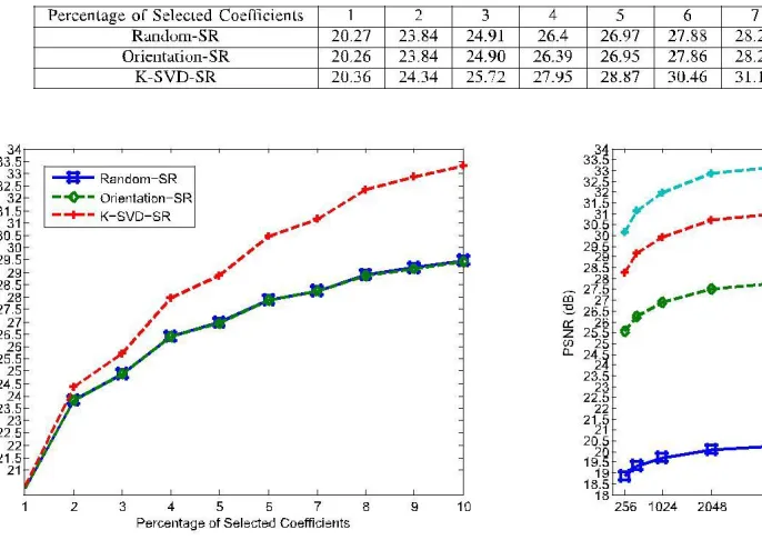 Fig. 8. The PSNR of the reconstructed images using dictionaries with different sizes at 1, 4, 7 and 10 percent of the coefficients