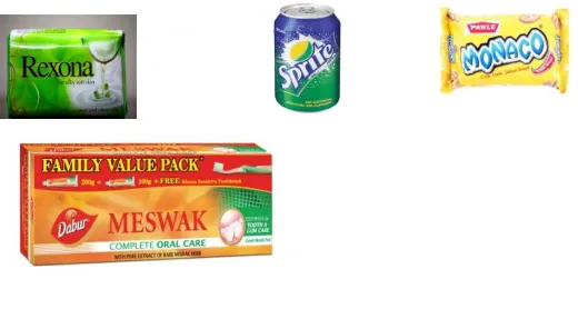 Fig. 1. Examples of printed text from hand-held objects with multiple colors, complex backgrounds, or non flat surfaces