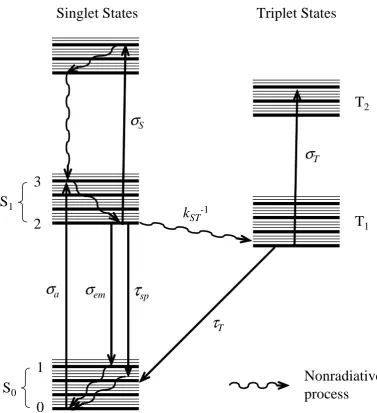 Figure 2.2: Typical energy levels of an organic dye molecule. Each transition is labeled byits corresponding cross section or lifetime.