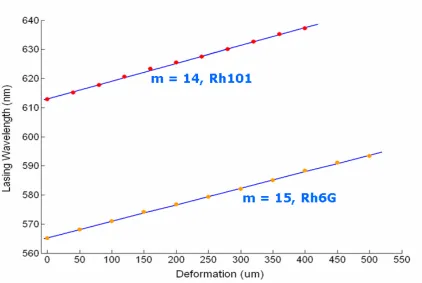Figure 4.4: Lasing wavelength versus the measured chip deformation. The points are theexperimental data and the curve is the linear ﬁt