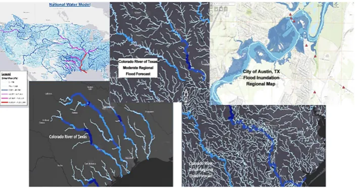 Figure 8 depicts an example of the dynamic, interactive and time-sequential WaVE recasted streamflow with precipitation impact of national, state, regional, and partial local watershed regions