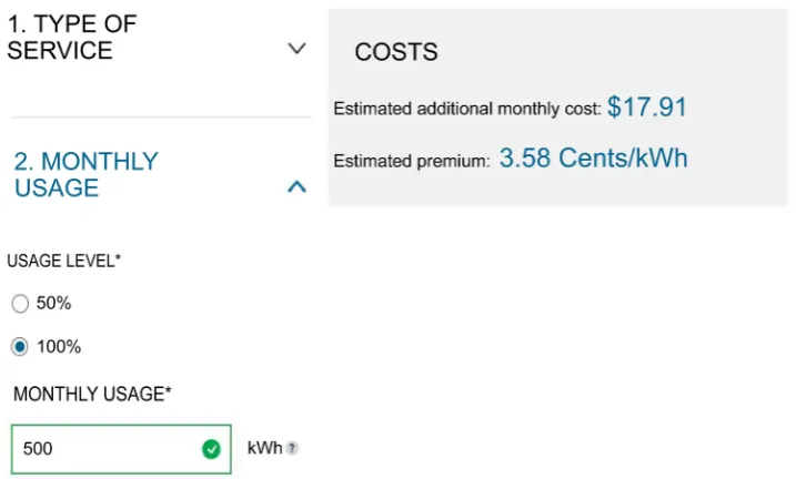 Figure 8. PG & E’s Solar Rate Calculator, which quantifies expected premium costs to participate in the solar program