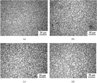 Figure 3. Microstructure of nugget zone 2 of friction stirred welding brass joints at (a) 400 rpm; (b) 600 rpm; (c) 800 rpm; (d) 1000 rpm