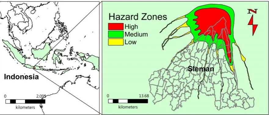Figure 3. Hazard zonation for the area around Merapi [132]. Figure 3.Figure 3. Hazard zonation for the area around Merapi [132]