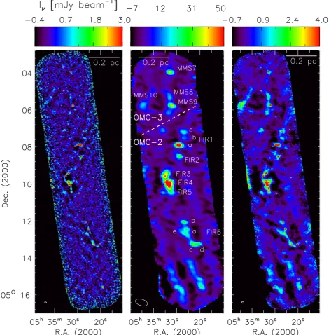Fig. 3. 3 mm continuum emission maps of the OMC-2/3 region, observed with ALMA. The FWHM beam is shown in the lower left corner of theframes
