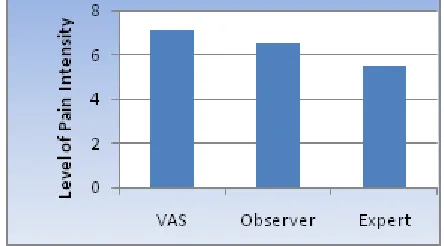 Figure 5.  The mean of the pain intensity scores received by the three categories of observer’s i.e., self-report provided by the patient (VAS), observer and expert (practioner)
