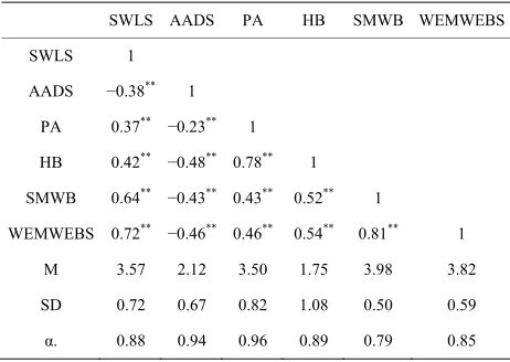 Table 12. Correlation matrix between the SMWEB and validation variables in the First Wave sample