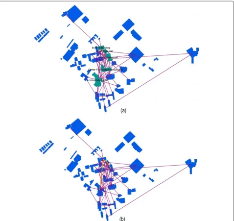 Figure 9 Connection analyses for students who were sick during the flu season. (a) buildings highlighted indicating heavy traffic; (b)connections highlighted indicating heavy traffic.