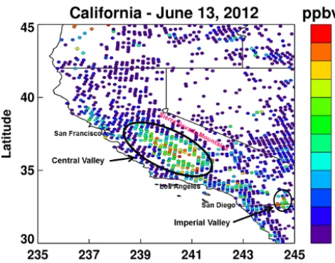 Figure 11. CrIS NH3 VMR retrievals over California, USA, on13 June 2012. The VMR values are at the peak CrIS retrieved ver-tical sensitivity level based on the averaging kernels, which is typi-cally in the boundary layer (900–750 hPa or 1–2.5 km).