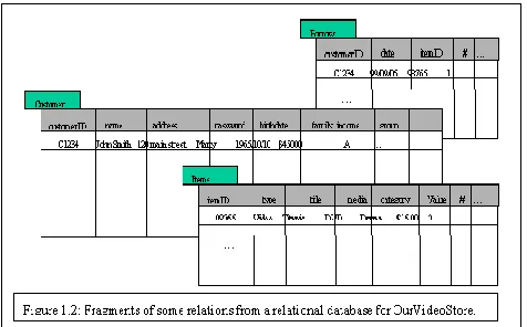 Figure 1.2: Fragments of some relations from a relational database for Our Video Store 