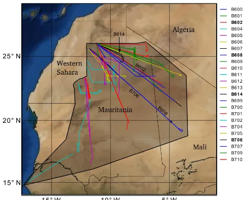 Figure 1. Domain of interest in the Sahara desert, with ﬂighttracks of the BAe146 during Fennec