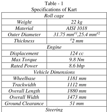 Table - 1 Specifications of Kart 