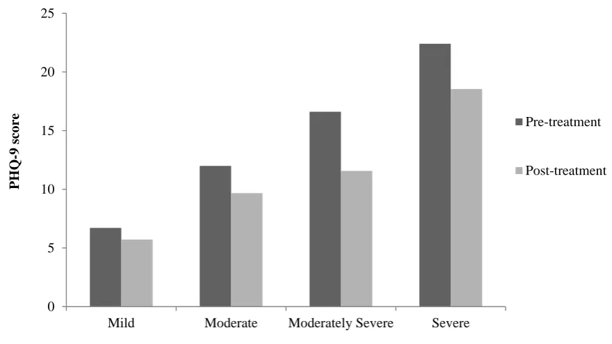 Figure 3: PHQ-9 outcomes pre and post BAG according to initial depressive symptom severity  