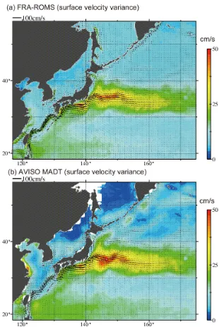 Figure 4. Standard deviations of current velocity at the sea surface in (a) reanalysis data and (b) altimetry-derived geostrophic velocity data